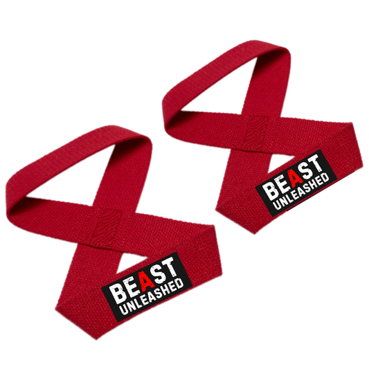 Muscleape Weight Lifting Straps Wrist Supporter Non-Slip with Padded Cuff (figure 8 straps) Red Beast Mode.