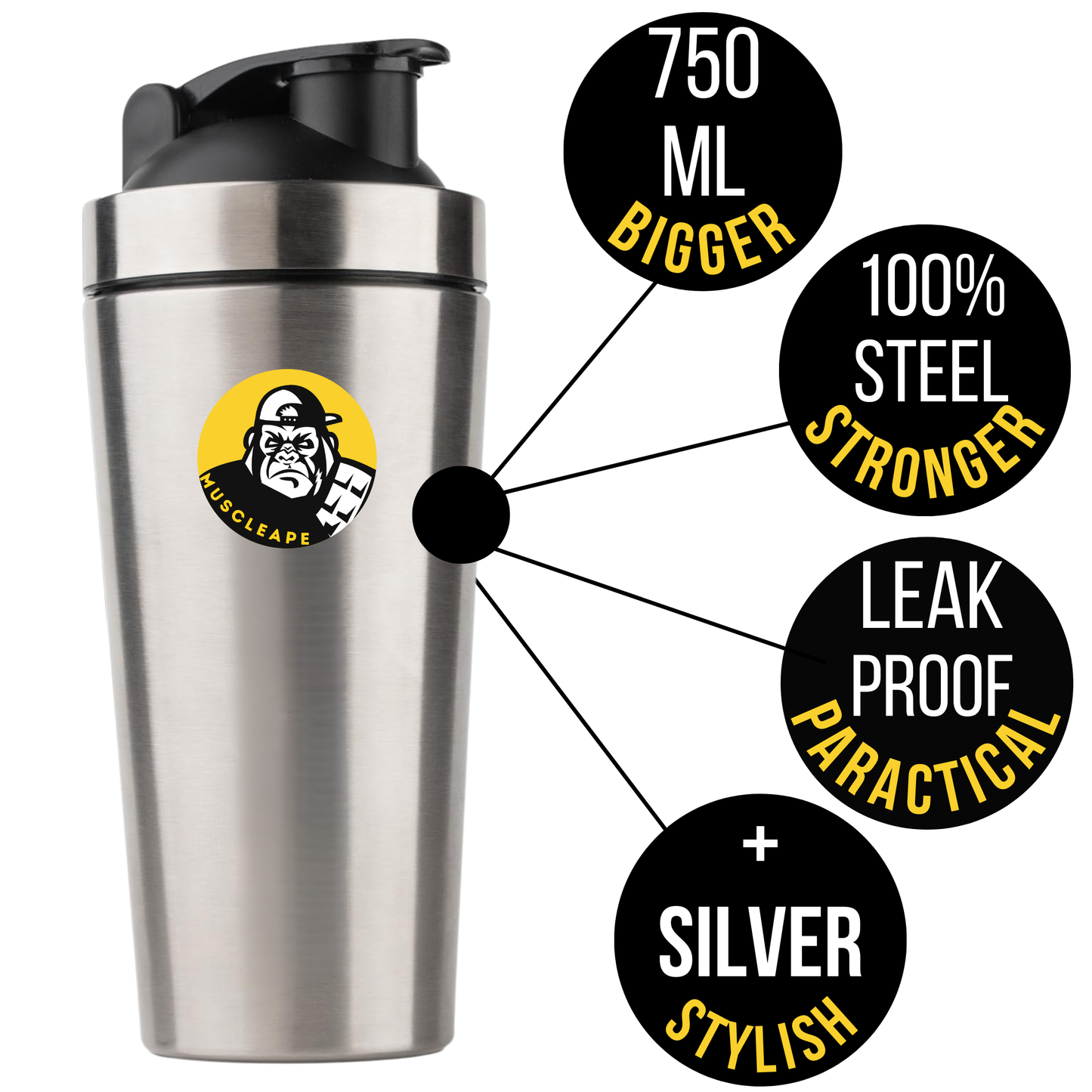 Muscleape Stainless Steel Shaker Bottle For Gym Silver 100% Leakproof Guarantee, Ideal For Protein, Pre Workout, Bcaas & Water Bpa Free Material, 750 milliliter.