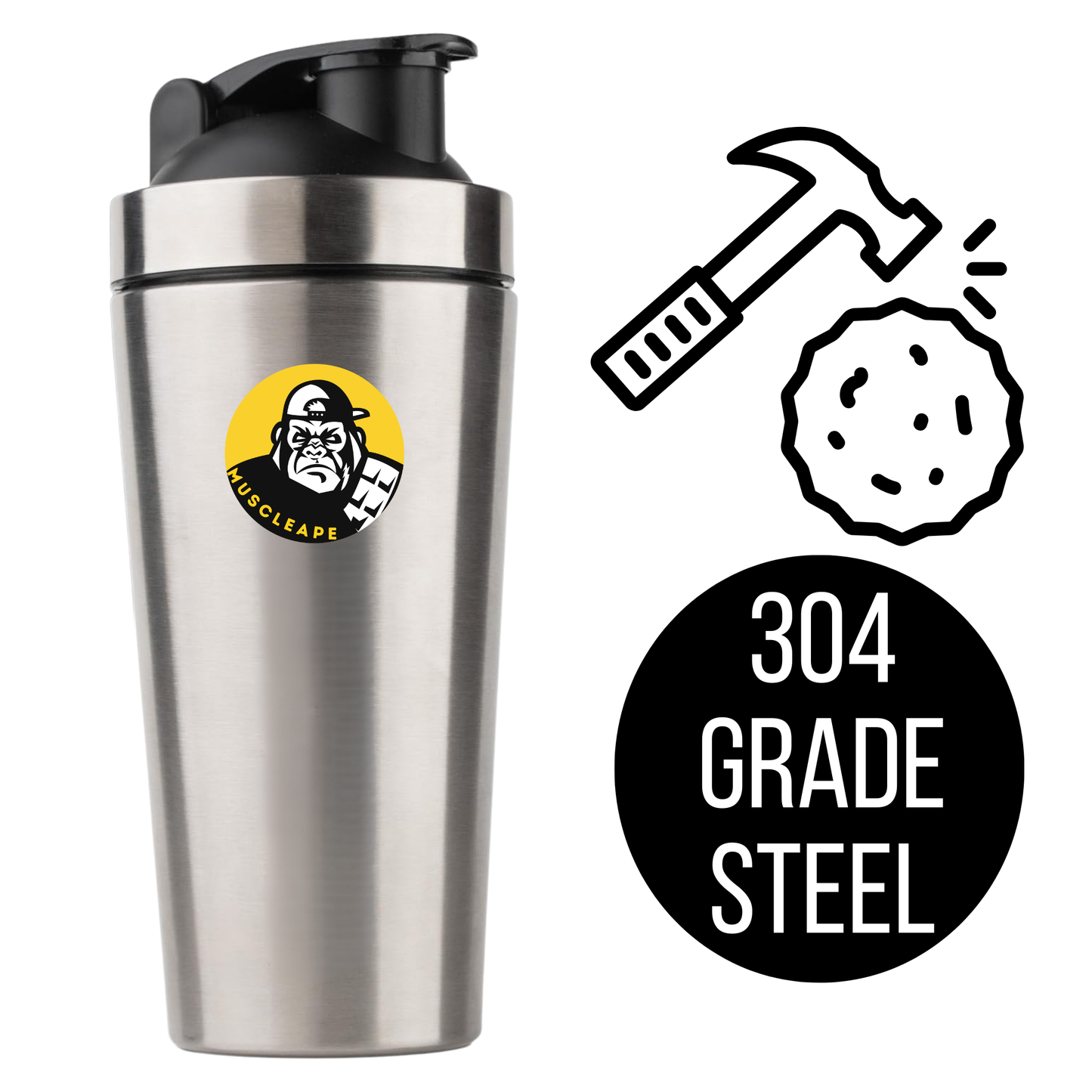 Muscleape Stainless Steel Shaker Bottle For Gym Silver 100% Leakproof Guarantee, Ideal For Protein, Pre Workout, Bcaas & Water Bpa Free Material, 750 milliliter.