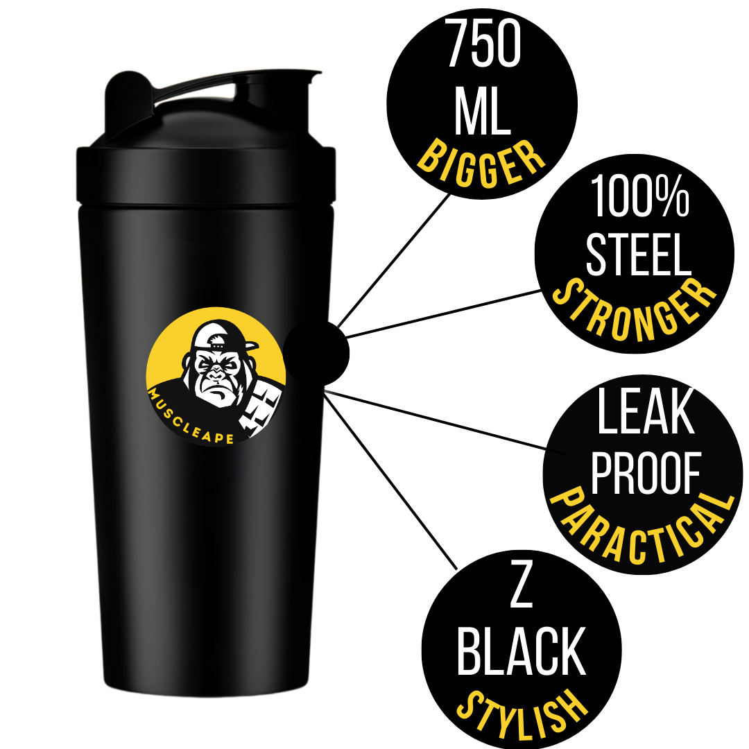 Muscleape Stainless Steel Shaker Bottles For Gym (Black) 100% Leakproof Guarantee, Ideal For Protein, Pre Workout, Bcaas & Water Bpa Free Material, 750 milliliter.