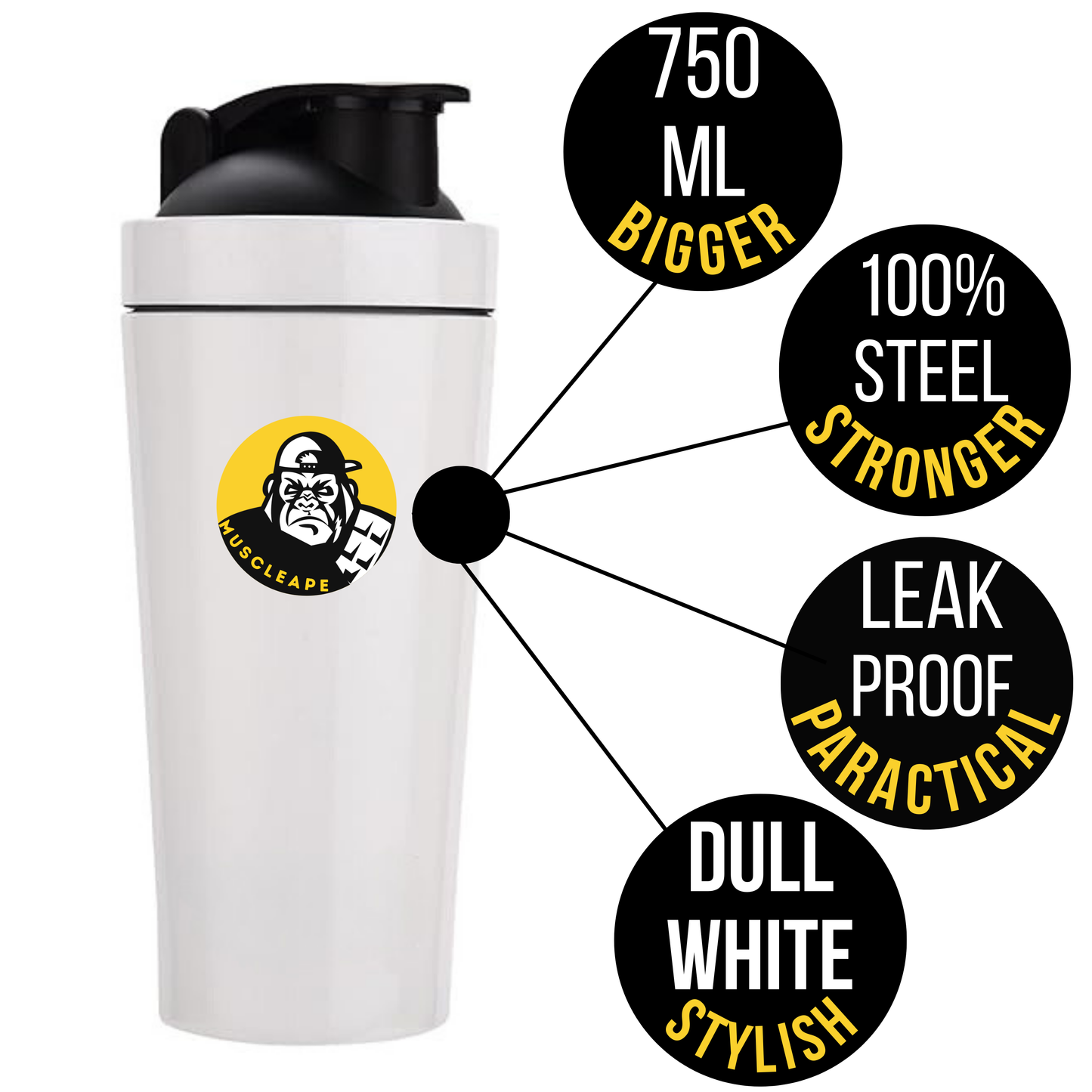 Muscleape Stainless Steel Shaker Bottle For Gym(White)100% Leakproof Guarantee, Ideal For Protein, Pre Workout, Bcaas & Water Bpa Free Material, 750 milliliter.