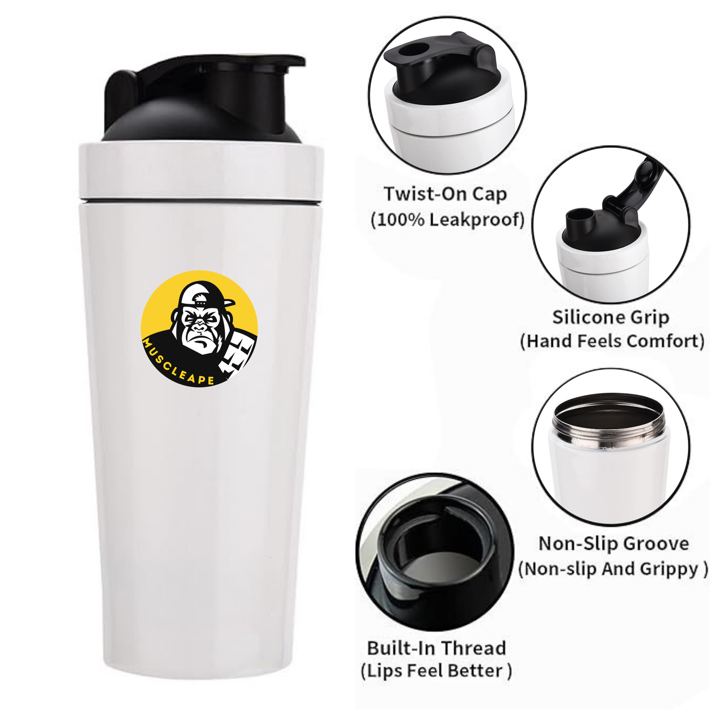 Muscleape Stainless Steel Shaker Bottle For Gym(White)100% Leakproof Guarantee, Ideal For Protein, Pre Workout, Bcaas & Water Bpa Free Material, 750 milliliter.