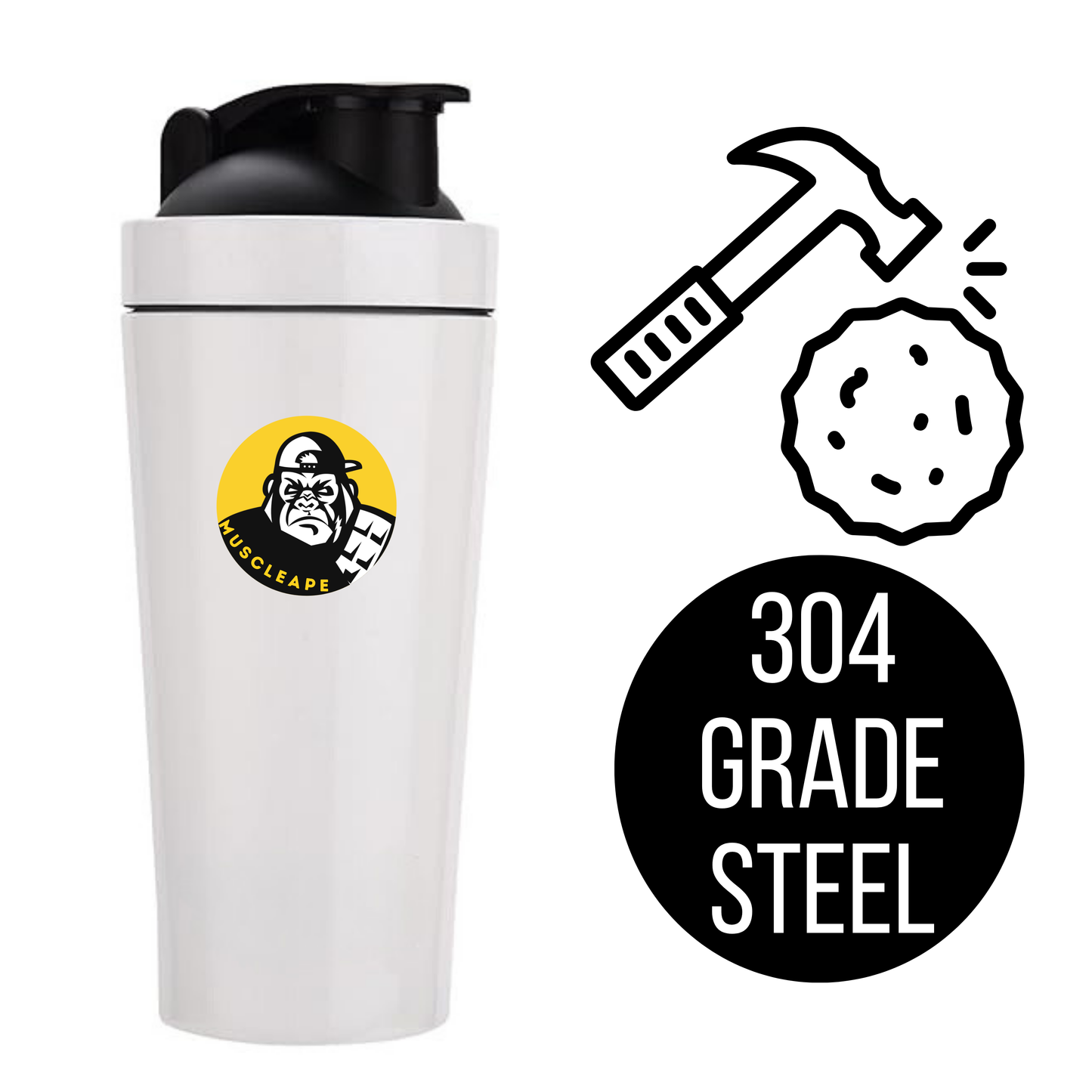 Muscleape Stainless Steel Shaker Bottle For Gym(White)100% Leakproof Guarantee, Ideal For Protein, Pre Workout, Bcaas & Water Bpa Free Material, 750 milliliter.